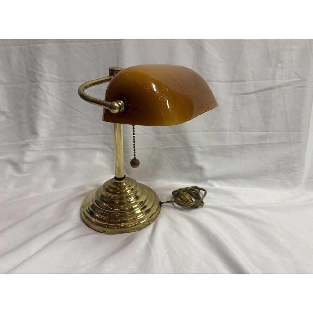 Vintage Underwriters Laboratories Amber Brown Glass Brass Banker Desk Lamp WORKS